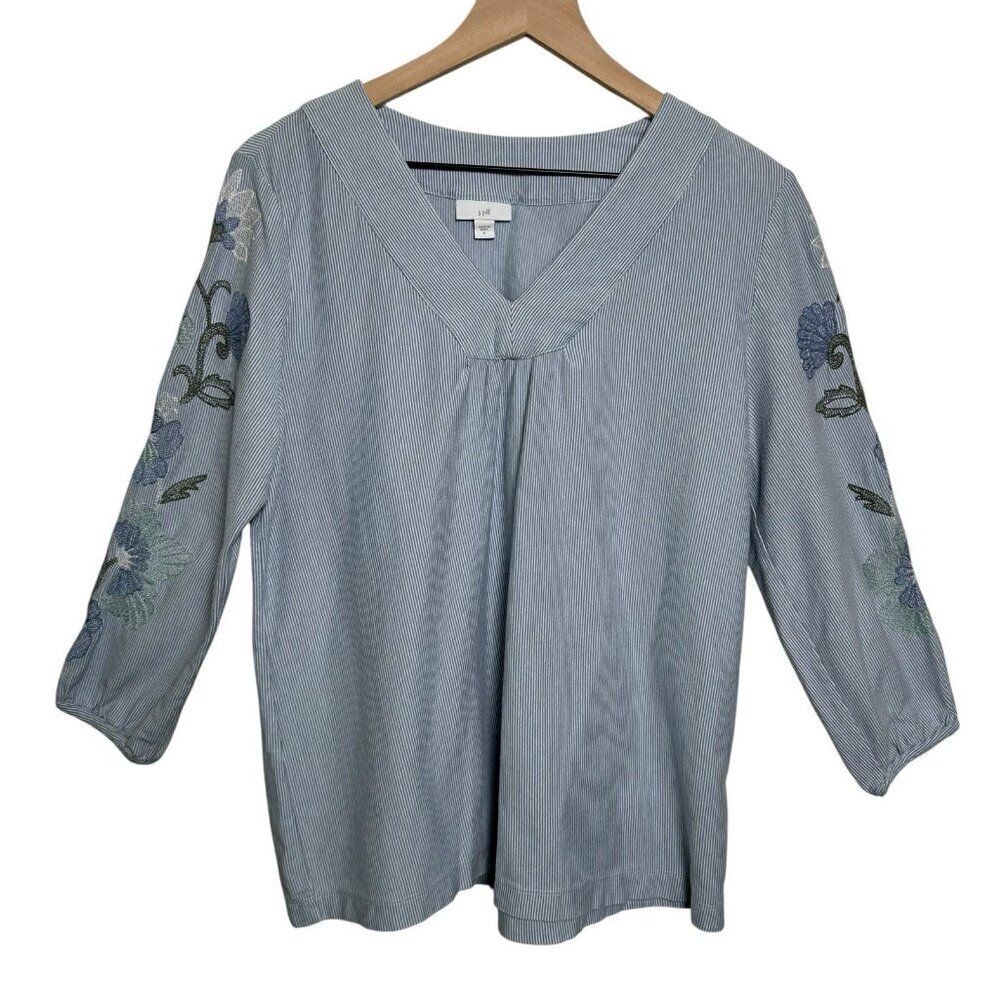 J. Jill Blue Striped Floral Embroidered Top Sz Small Cotton Coastal 3/4 Sleeve